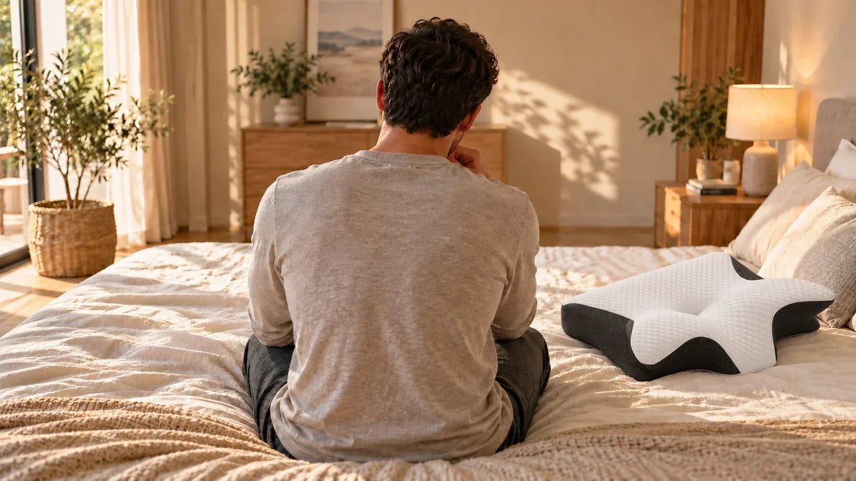 Homme assis sur un lit à côté d’un oreiller cervical blanc et noir en forme de papillon. Image