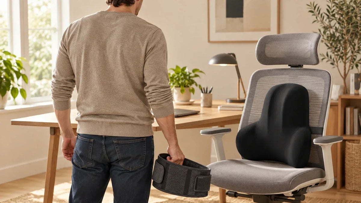 Coussin lombaire noir sur une chaise de bureau et ceinture lombaire tenue à côté par un homme debout. Image