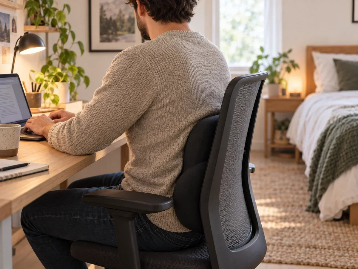 Homme travaillant à son bureau avec un coussin lombaire noir contre le bas du dos. Image