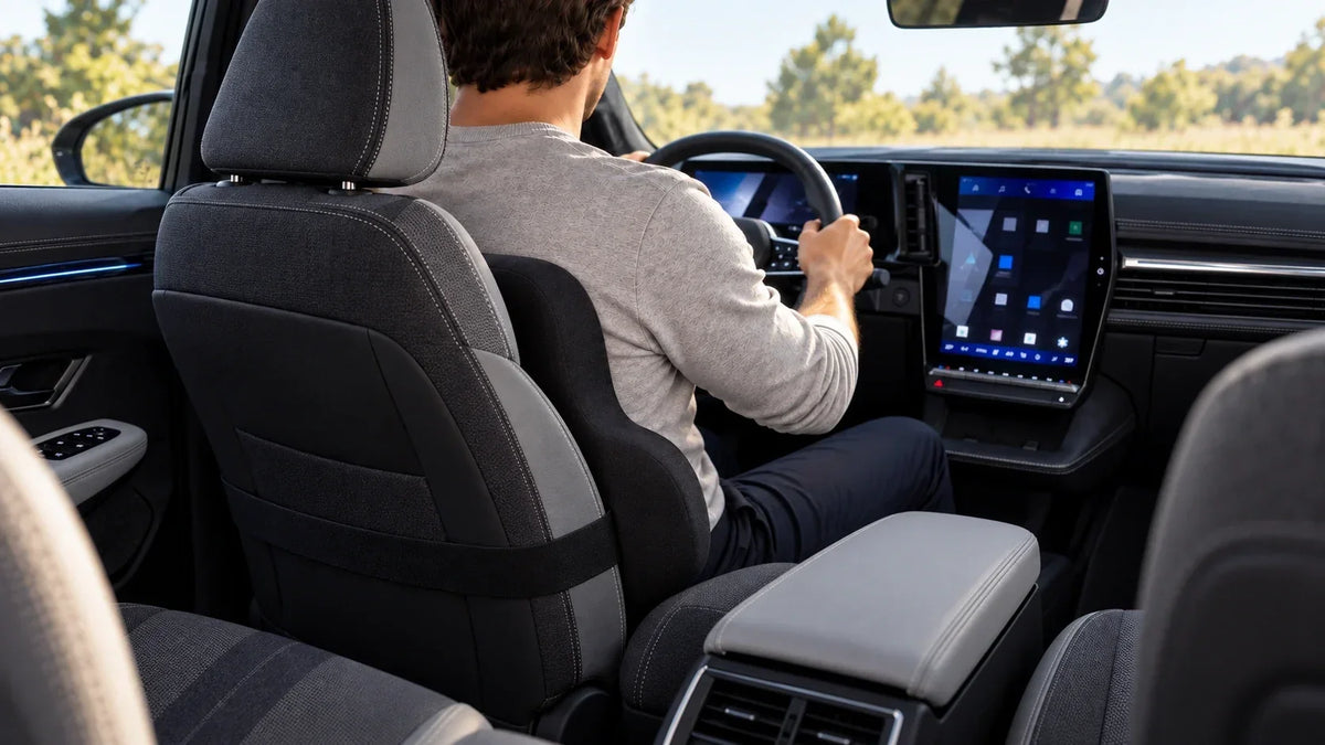 Conducteur vu de dos, avec un coussin lombaire noir placé contre le dossier du siège de voiture. Image