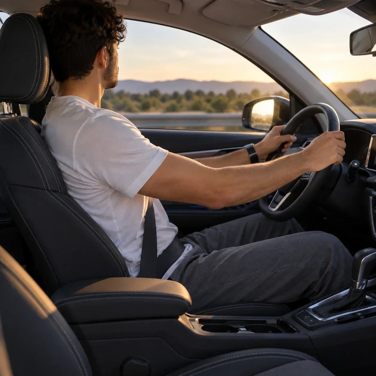 Conducteur vu de côté, assis au volant avec les mains sur le volant et la ceinture attachée. Image
