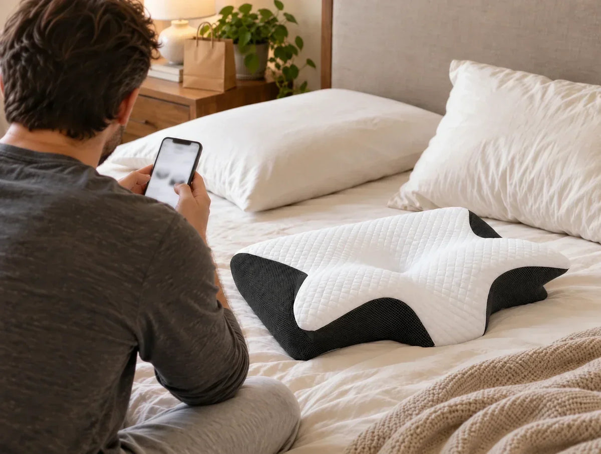 Homme consultant son téléphone devant un oreiller cervical ergonomique posé sur un lit.