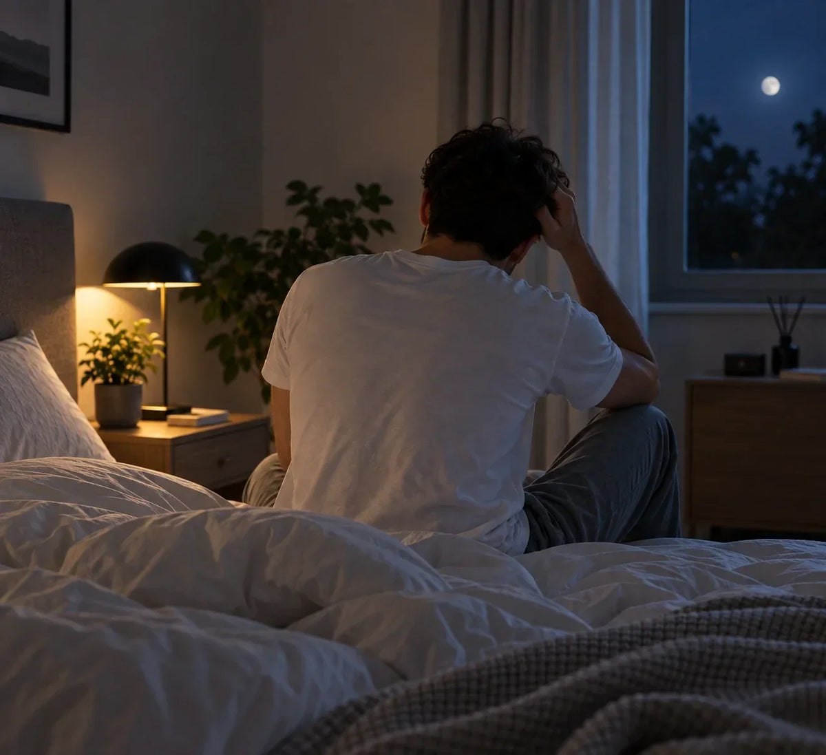Homme éveillé, assis sur son lit face à une fenêtre dans une chambre sombre. Image