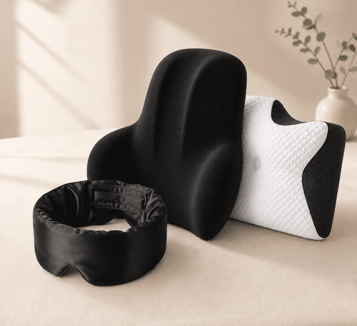 Lunara Kit Sommeil Complet – Oreiller Cervical + Coussin Lombaire + Masque Soie Offert