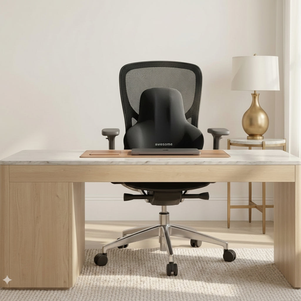 Coussin lombaire Lunara sur chaise de bureau — posture corrigée et lombaires soutenues
