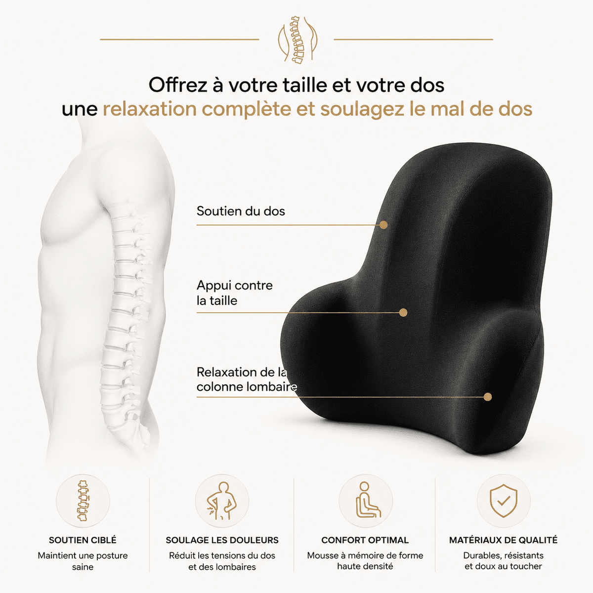 Coussin lombaire mémoire de forme Lunara — soutien du dos en chambre ivoire et or