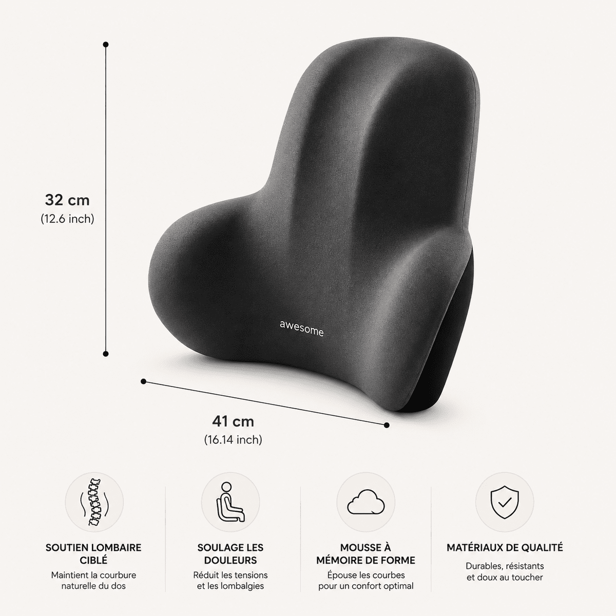 Coussin lombaire Lunara, vue rapprochée du soutien ergonomique