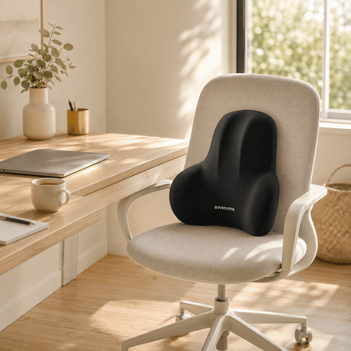 Coussin lombaire noir placé contre le dossier d’une chaise de bureau beige. Image