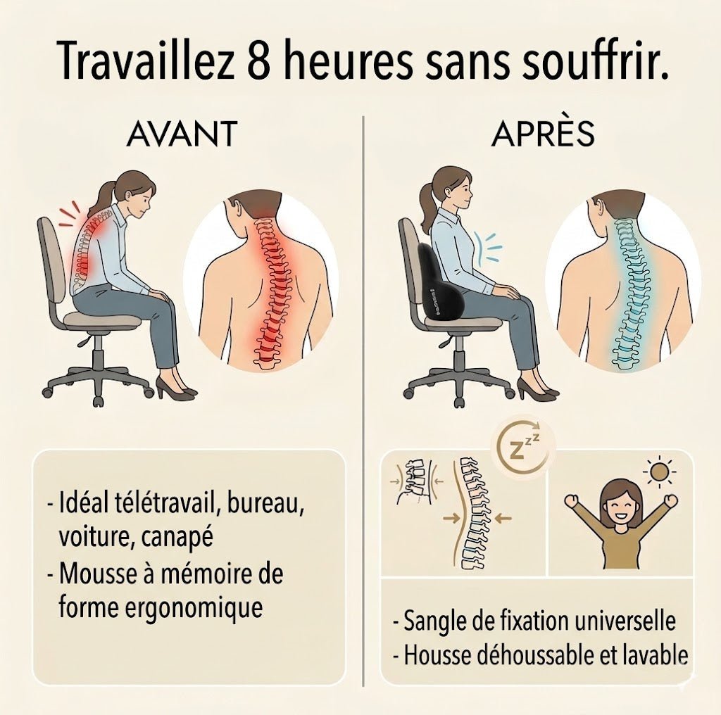 Schéma posture lombaire — coussin ergonomique Lunara soutien bas du dos