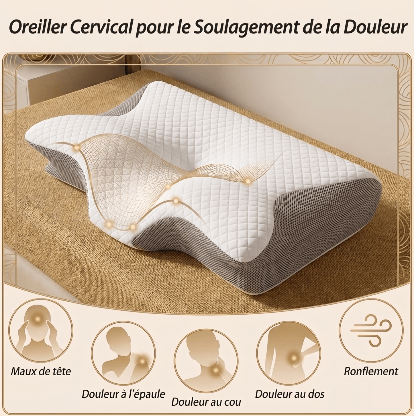 Oreiller cervical Lunara toutes positions — dos, côté — soutien cervical nuit complète