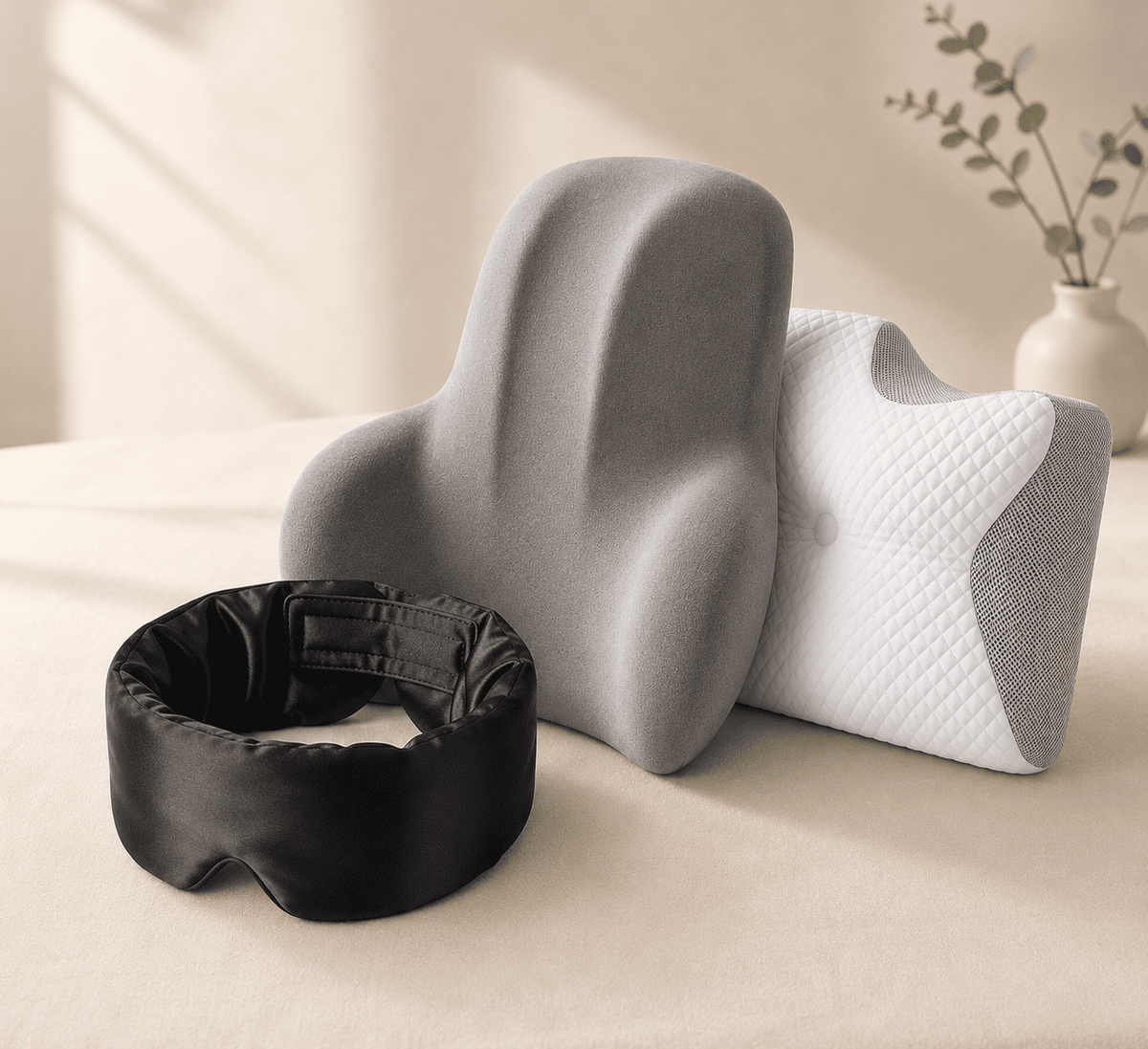 Photo lifestyle kit sommeil complet Lunara — oreiller, coussin et masque en situation