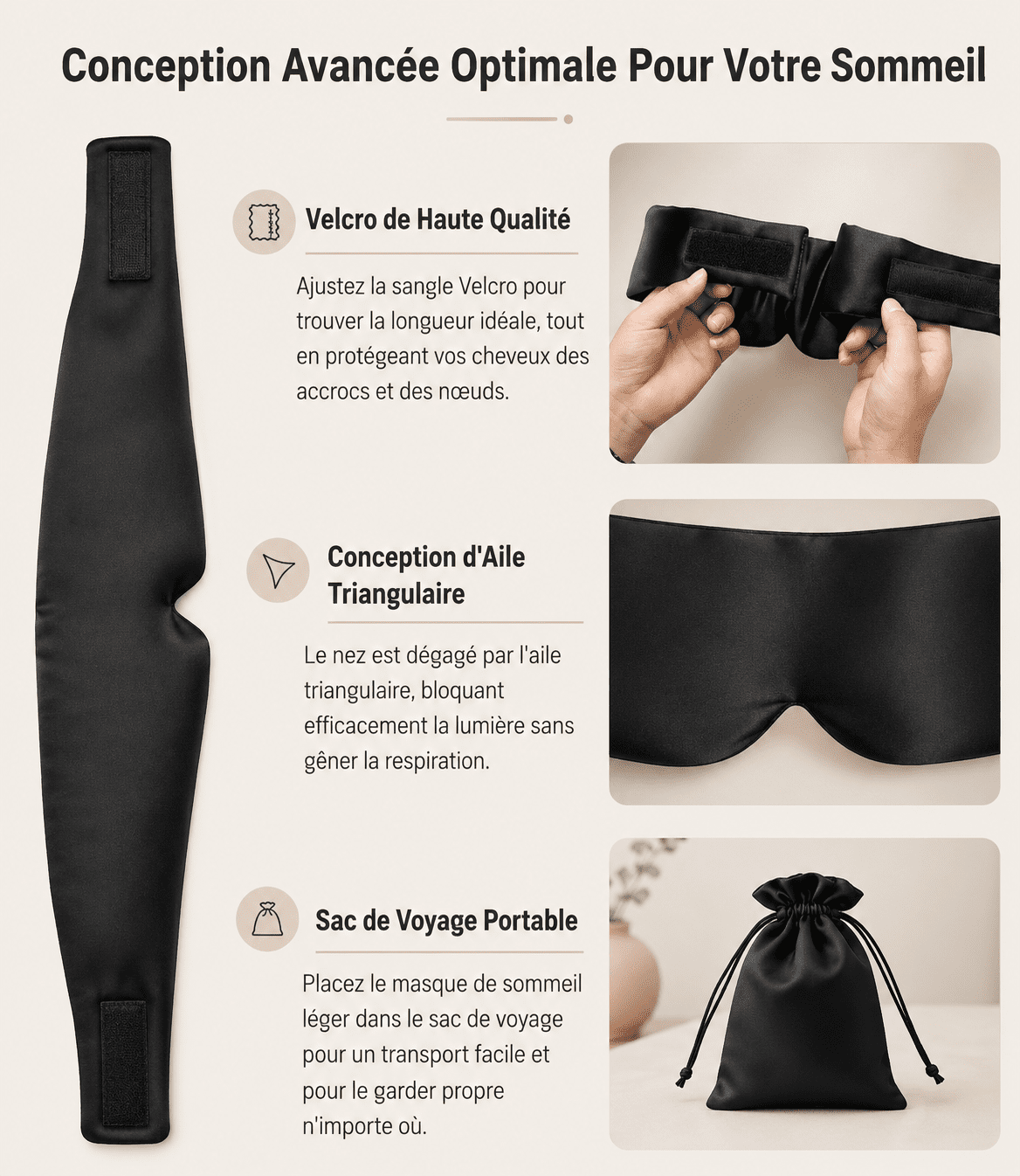 Masque de nuit en soie Lunara posé dans une chambre ivoire et or
