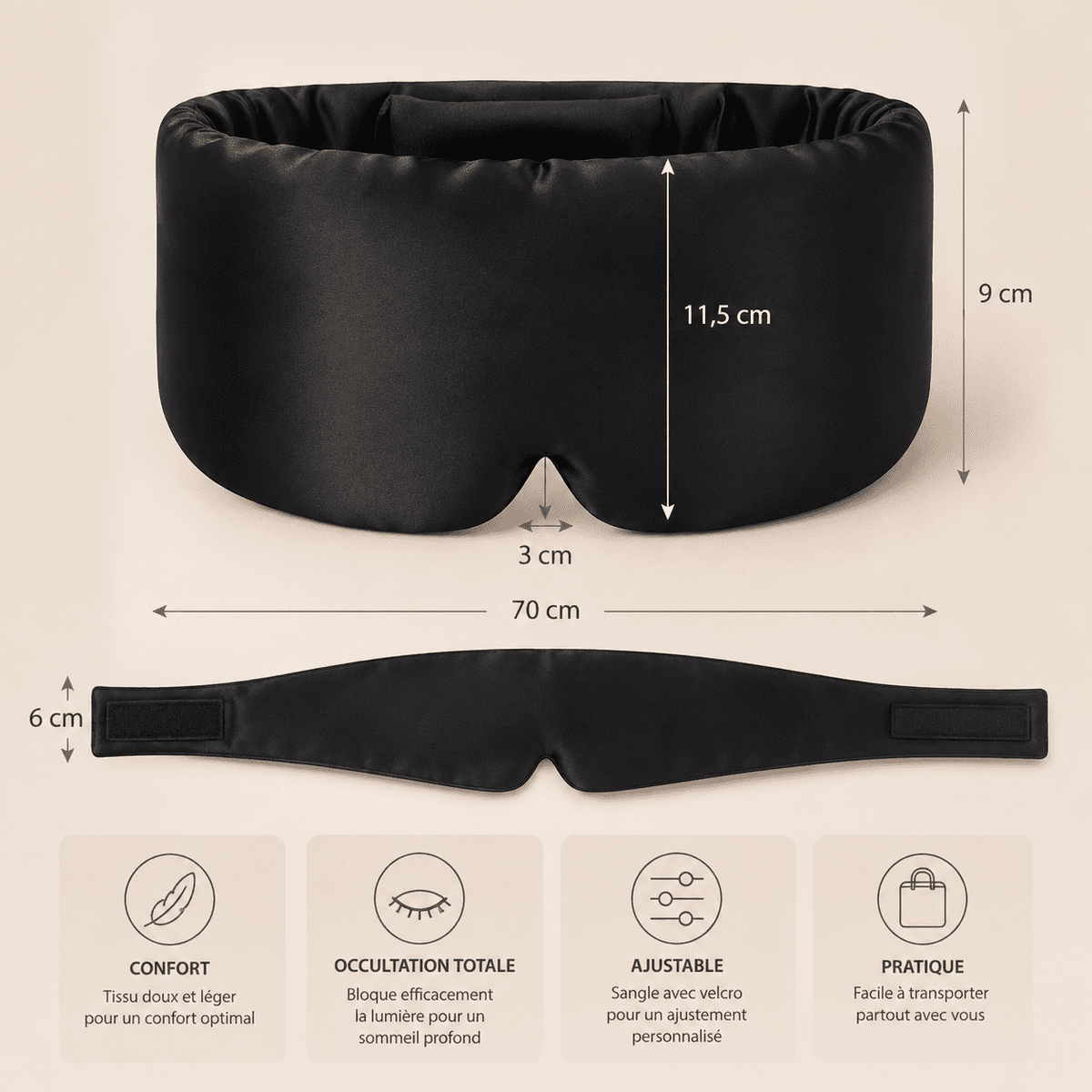 Masque de nuit en soie Lunara, vue rapprochée du tissu soyeux