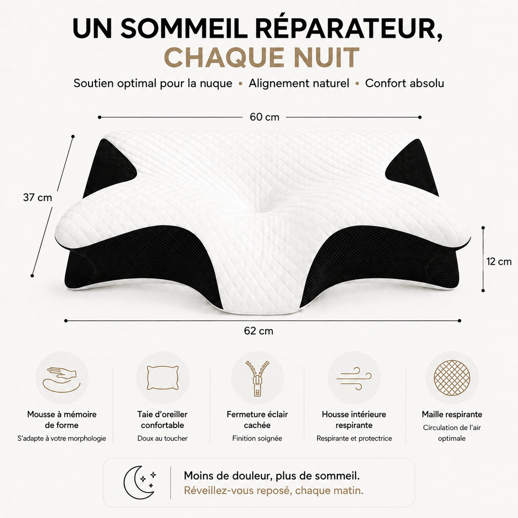 Oreiller cervical en forme de papillon vu du dessus, avec ses dimensions indiquées par des flèches.