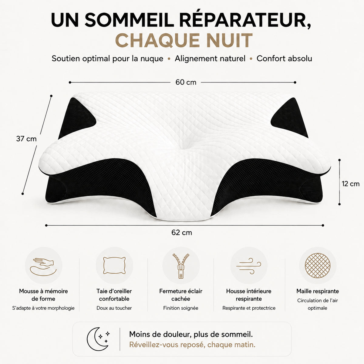 Oreiller cervical en forme de papillon vu du dessus, avec ses dimensions indiquées par des flèches.