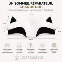 Oreiller cervical en forme de papillon vu du dessus, avec ses dimensions indiquées par des flèches.