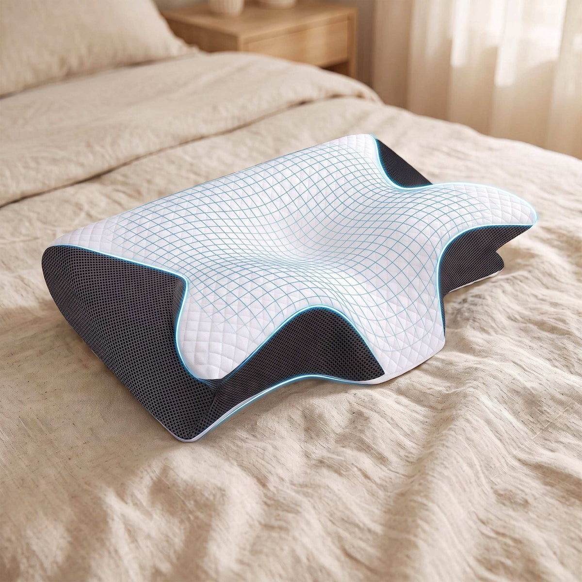 Oreiller cervical blanc et noir en forme de papillon, dont les contours sont soulignés en bleu. Image