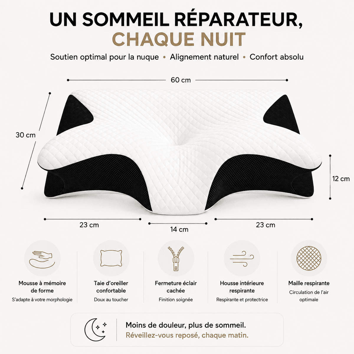 Fiche dimensions de l'oreiller cervical Lunara : 60 x 30 x 12 cm, mousse à mémoire de forme et housse respirante