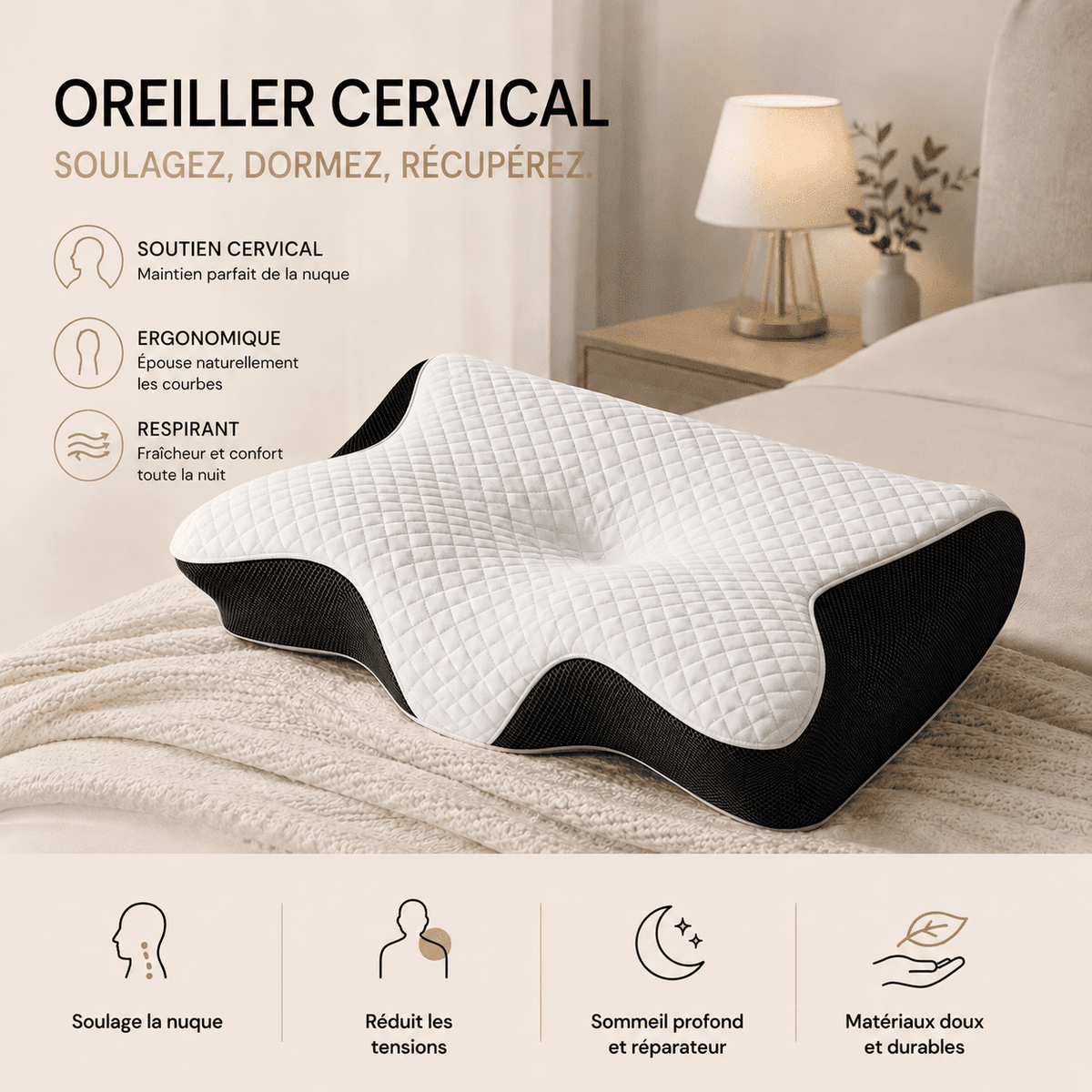 Infographie oreiller cervical Lunara : soutien de la nuque, forme ergonomique, matière respirante et bénéfices clés