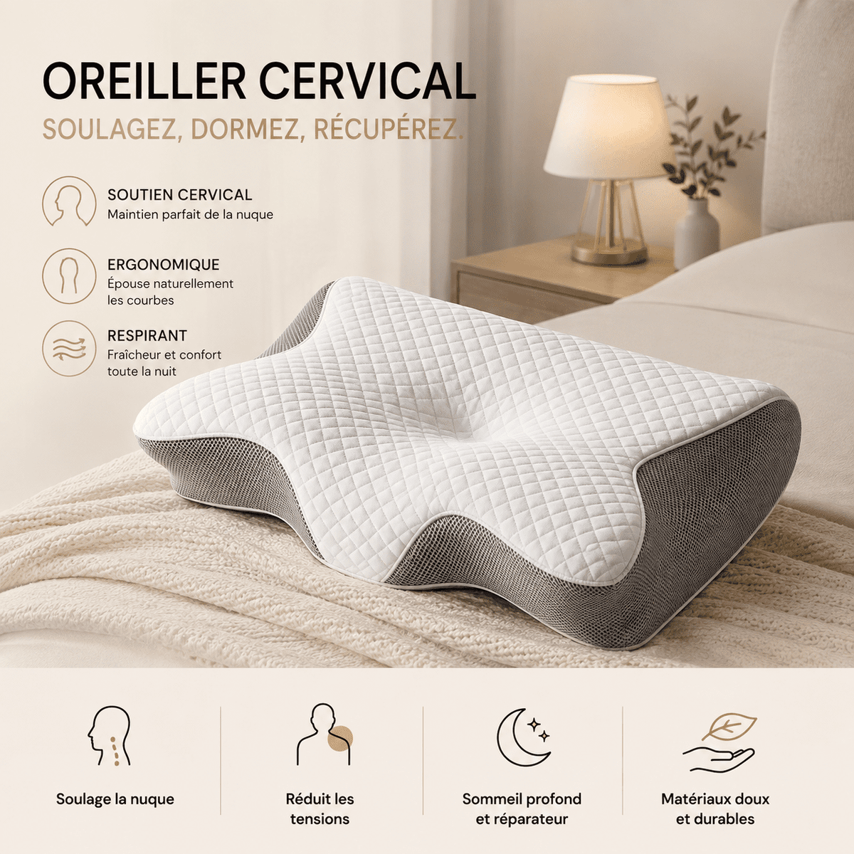 Photo lifestyle oreiller cervical Lunara — chambre épurée ivoire et or
