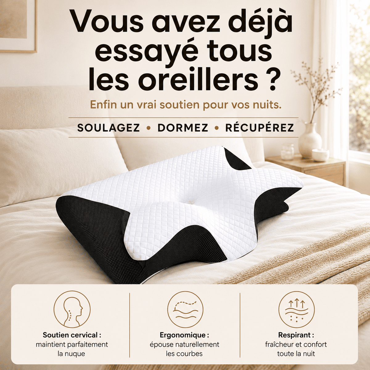 Oreiller cervical Lunara en mousse à mémoire de forme au design ergonomique