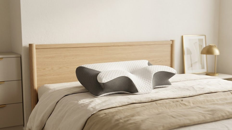Oreiller cervical Lunara en chambre — confort et alignement nuque pour sommeil réparateur