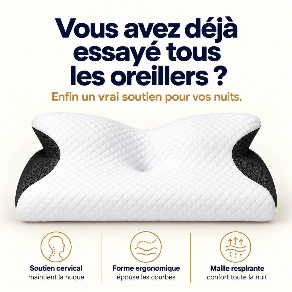 Oreiller cervical blanc et noir vu de face, avec des pictogrammes présentant sa forme et sa housse.