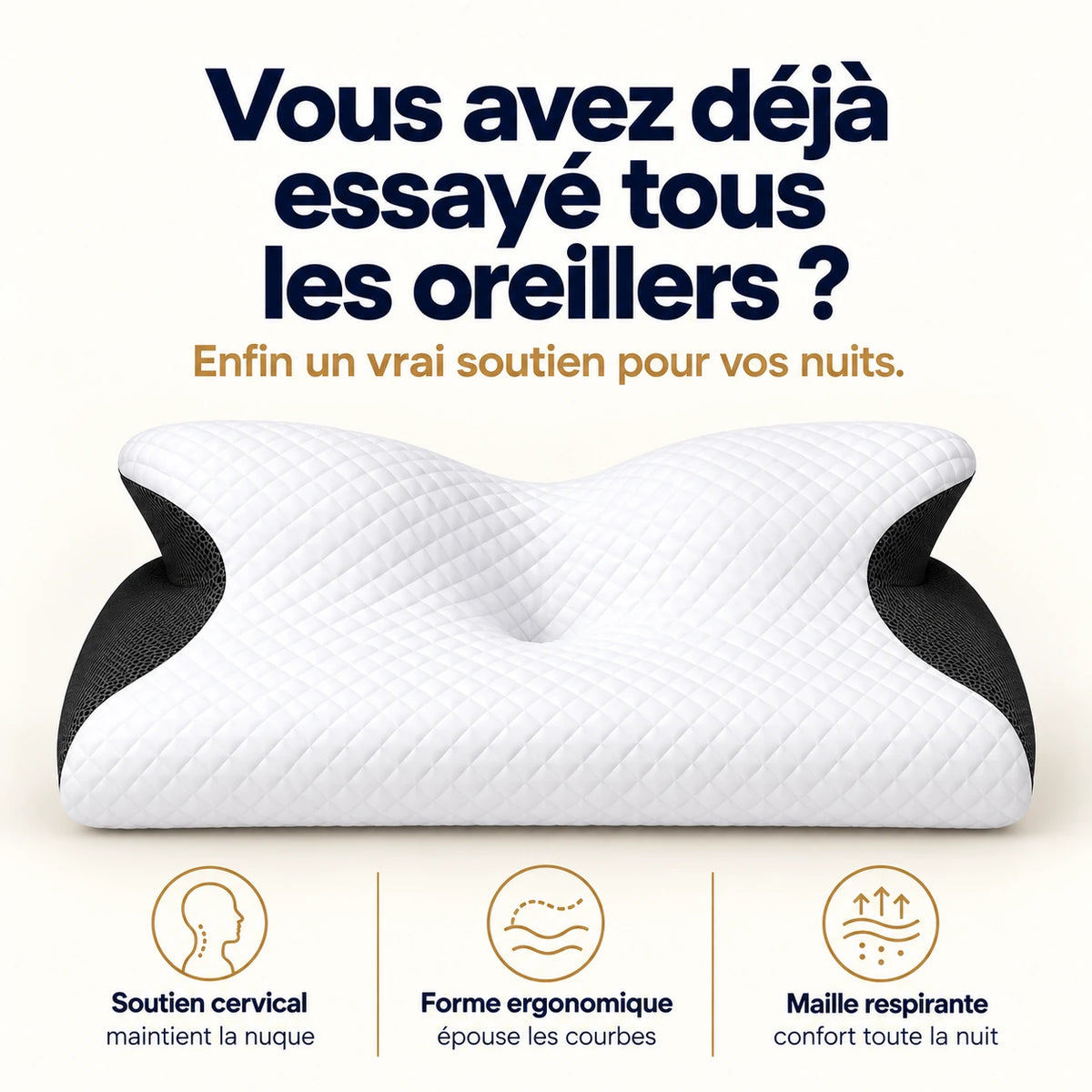 Oreiller cervical blanc et noir vu de face, avec des pictogrammes présentant sa forme et sa housse.