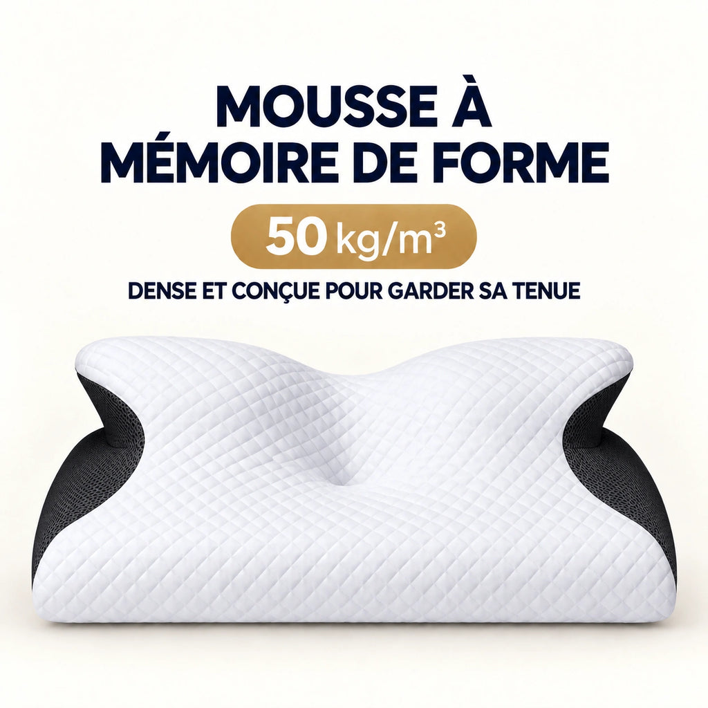 Oreiller cervical à mémoire de forme blanc et noir, avec l’indication de densité 50 kg/m³.