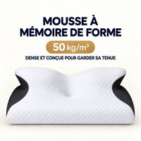 Oreiller cervical à mémoire de forme blanc et noir, avec l’indication de densité 50 kg/m³.